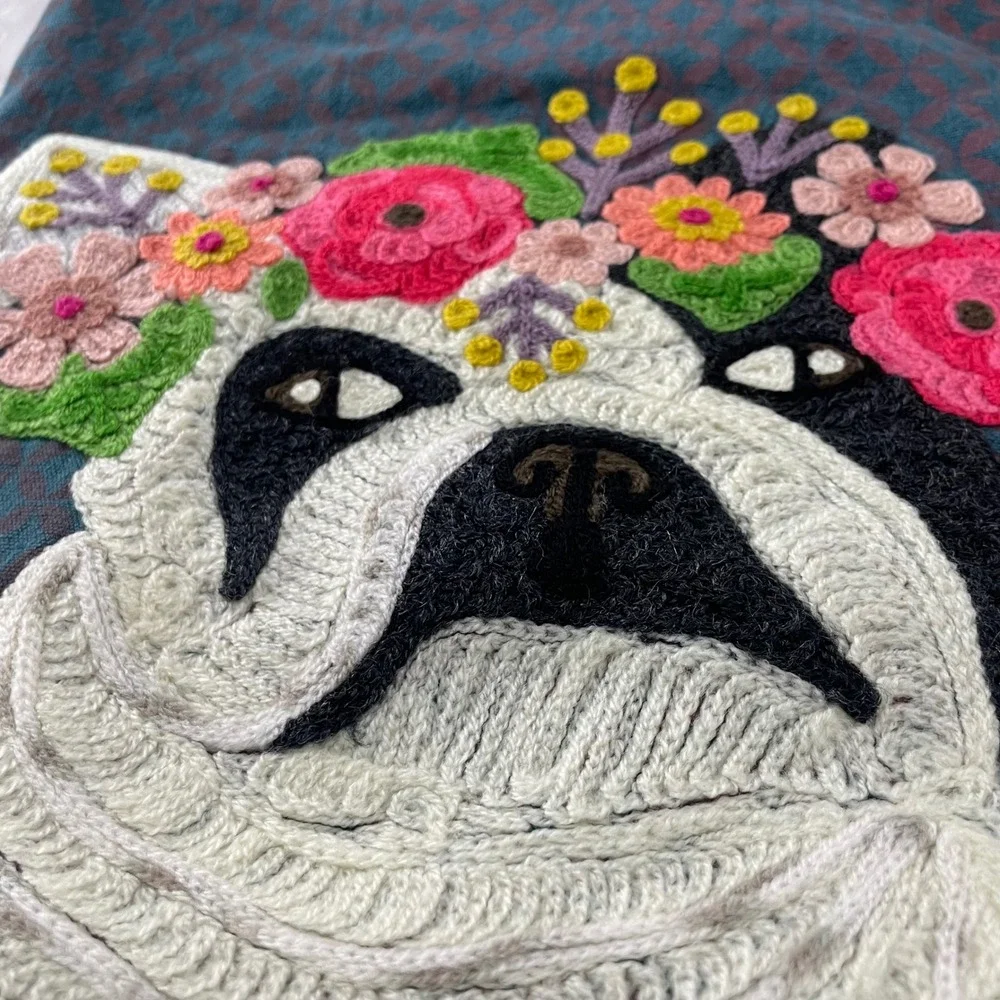 Karma Living French Bulldog Frenchie Pug Floral Crochet Applique Tea Towel 18x26